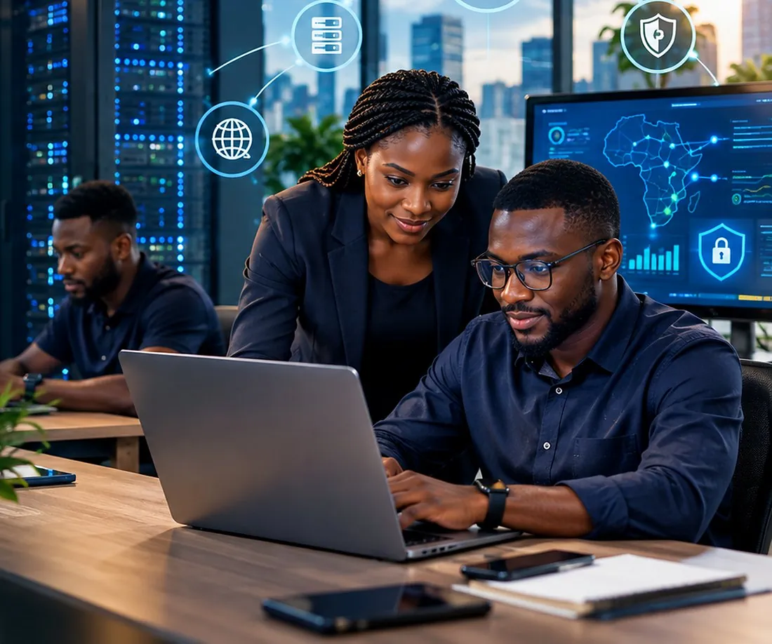 A JAG team working together at a laptop beside server racks and a network map of Africa