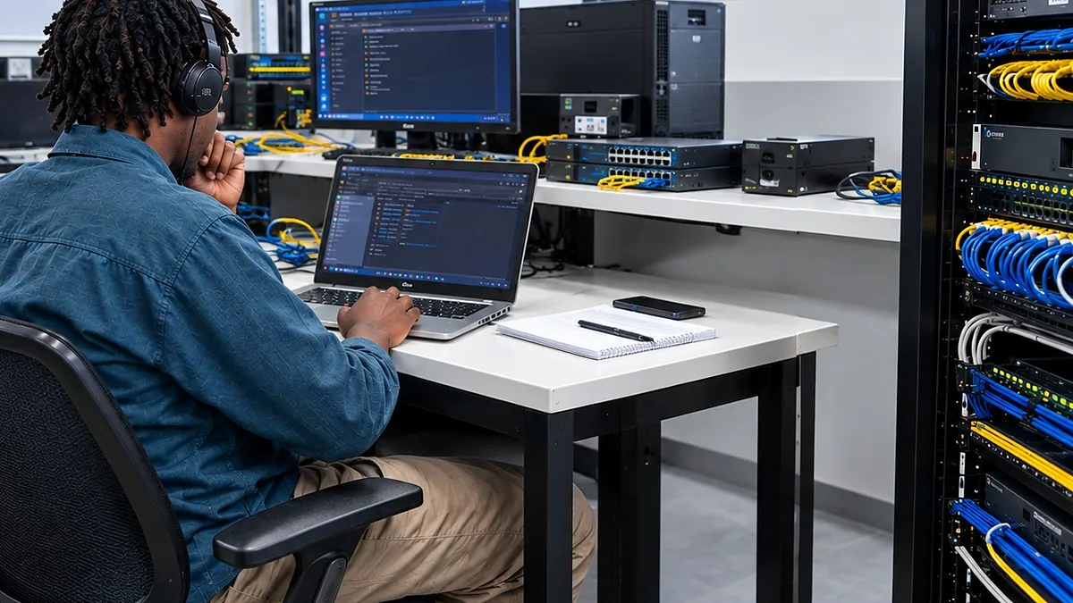 A JAG support engineer in a headset working on a laptop beside switches and a patched server rack